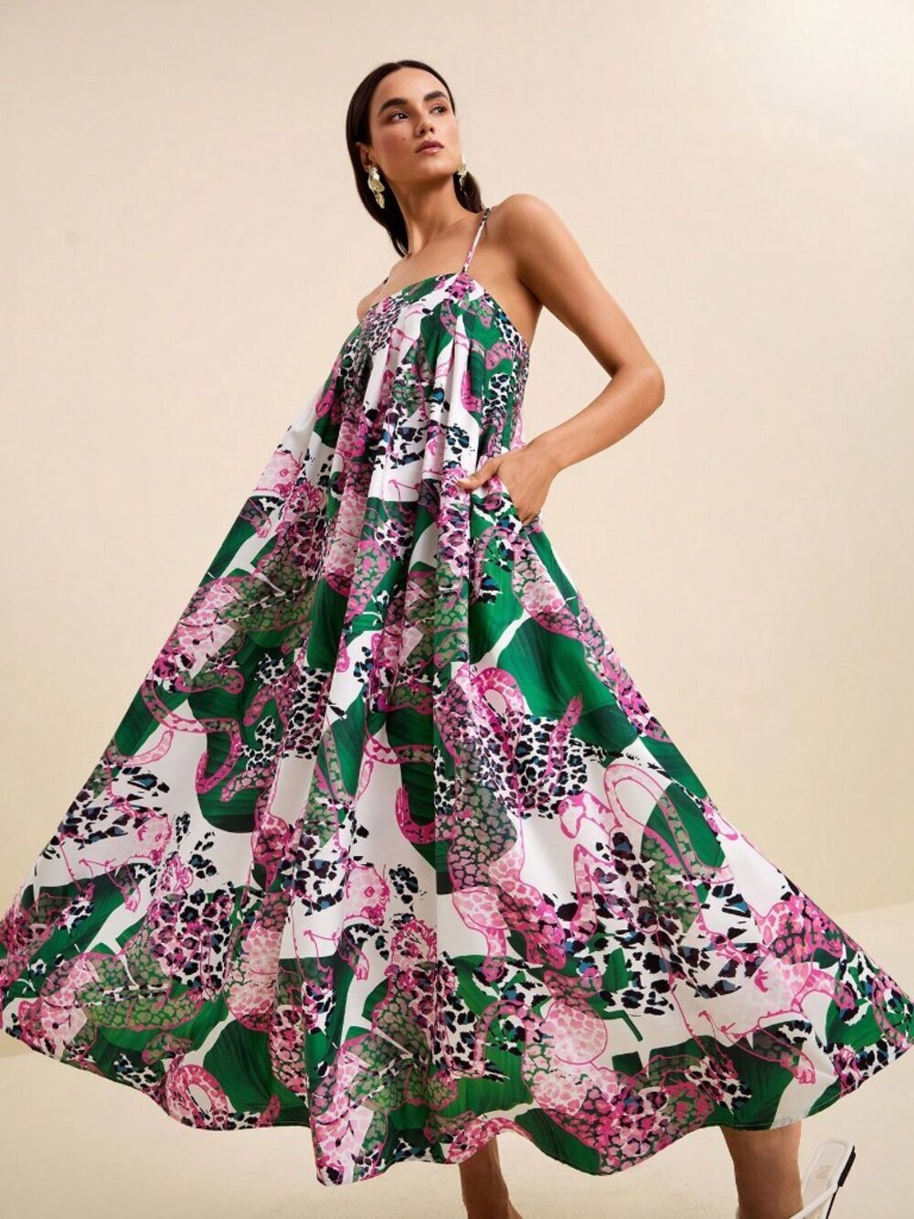 Multicolor Boho Women's Palm Leaf & Leopard Print Spaghetti Strap Dress